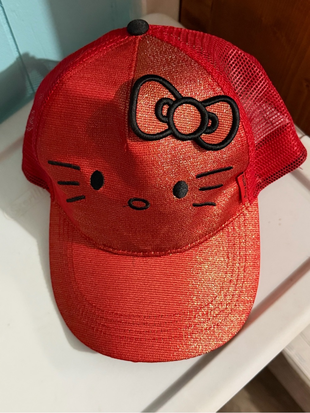 Hello Kitty Red Glitter Mesh Cap with Black Embroidered Face